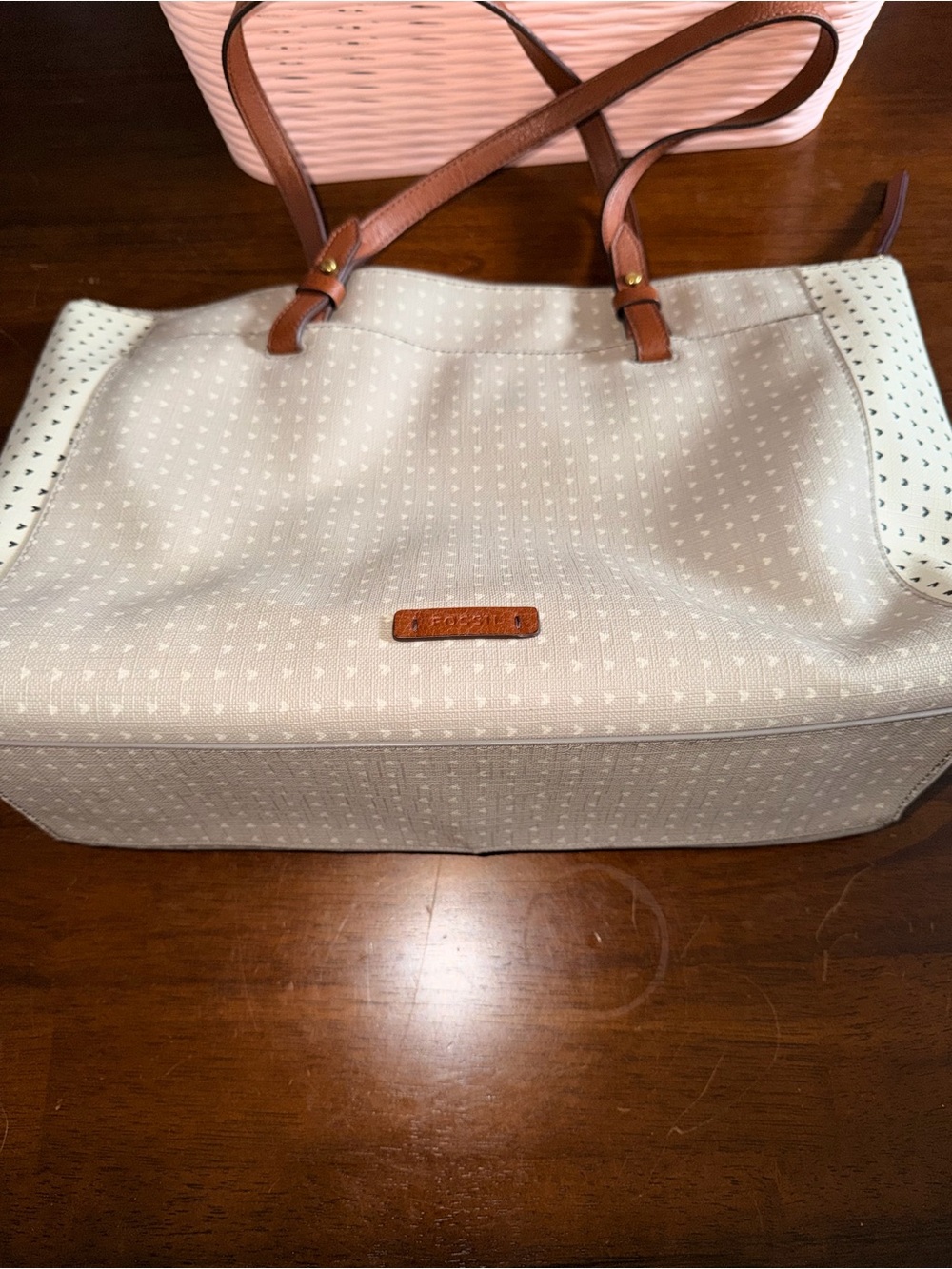 Fossil Cream Tote with Brown Leather Straps and Gold Key Charm - Picture 5 of 5
